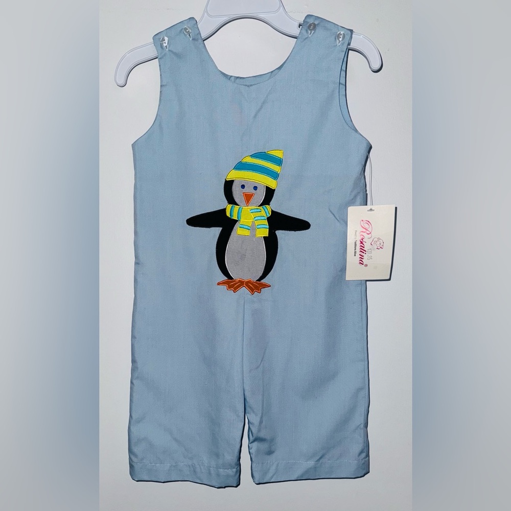 Sir John Light Blue penguin longall romper 9 months new